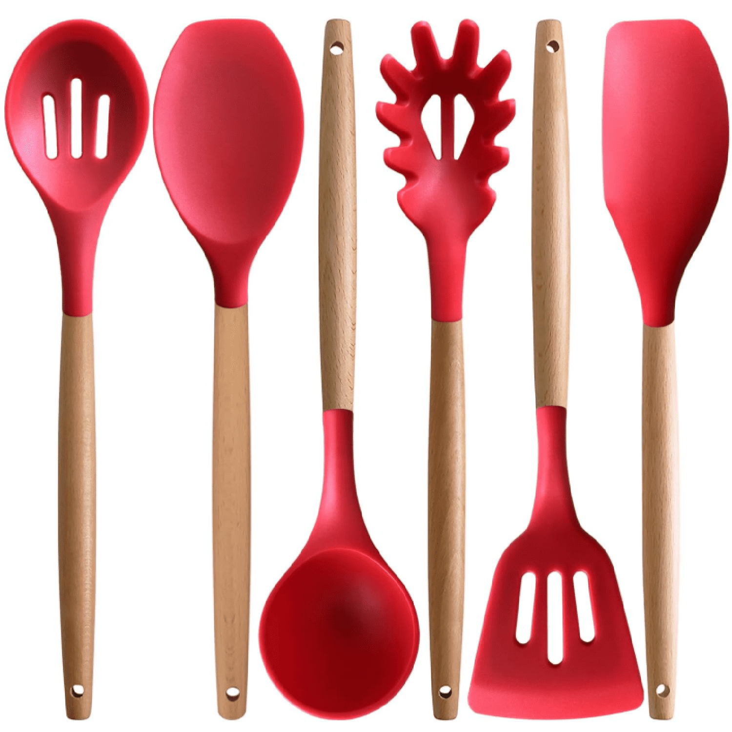 Kitchen Cooking Utensils Set 6Pcs Heat Resistant Silicone Kitchen Utensils Spatula Spoon Turner Ladle w Wooden Handle...