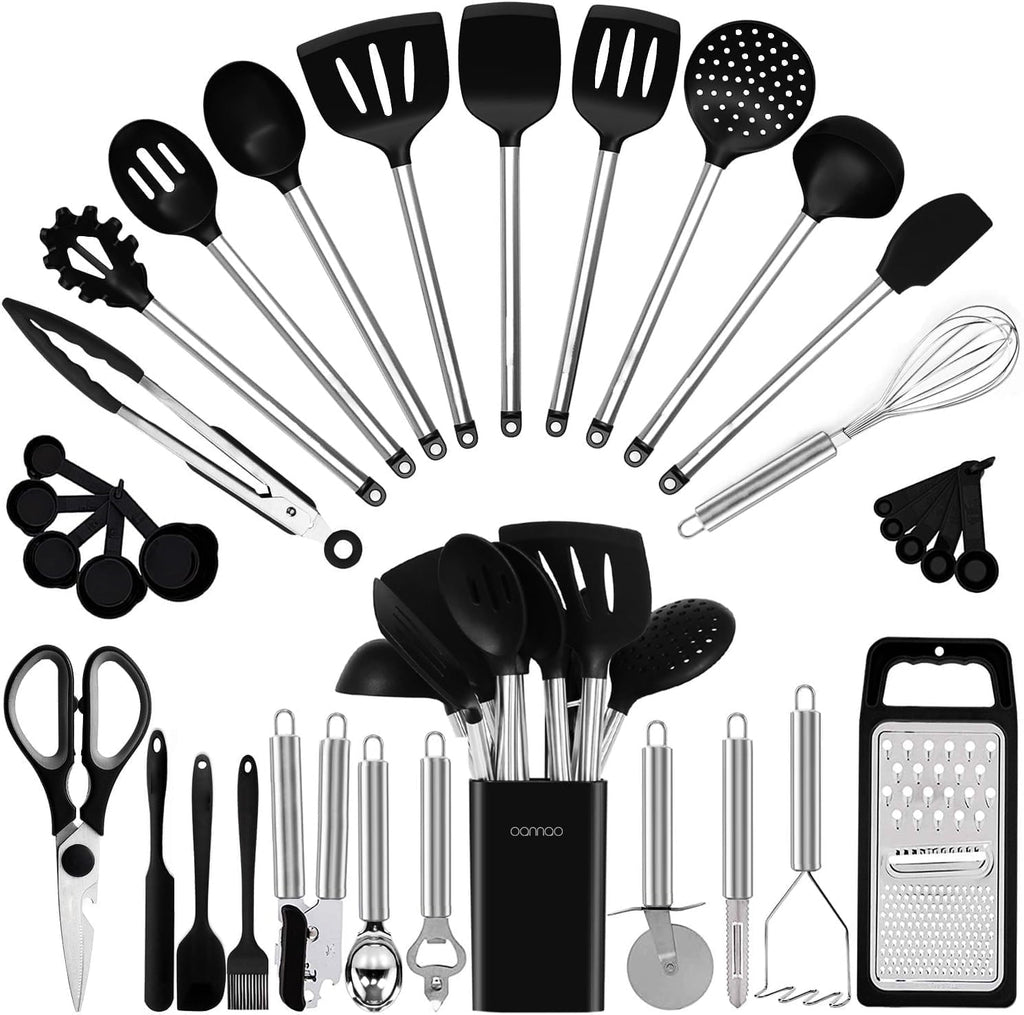Kitchen Utensil Set-Silicone Cooking Utensils-33 Kitchen Gadgets & Spoons for Nonstick Cookware-Silicone and Stainless Steel Spatula Set-Bes