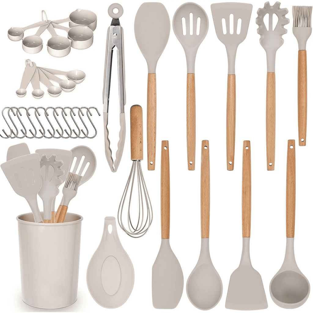 Kitchen Utensils Set, 24 Pcs Silicone Cooking Utensils Set with Holder, Non-Stick Silicone Cooking Kitchen Utensils with Wooden Handle Spatu