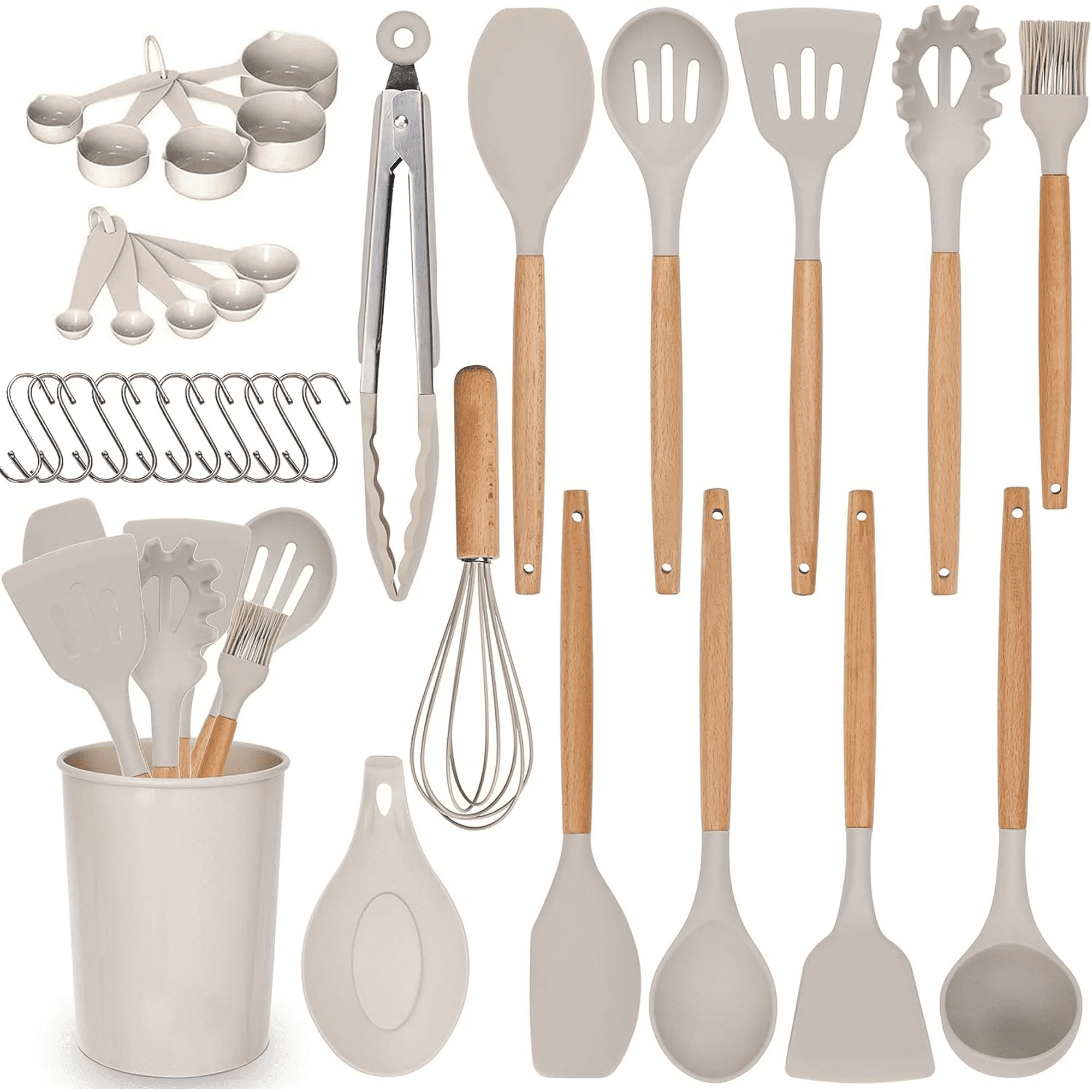 Kitchen Utensils Set, 24 Pcs Silicone Cooking Utensils Set with Holder, Non-Stick Silicone Cooking Kitchen Utensils with Wooden Handle Spatu