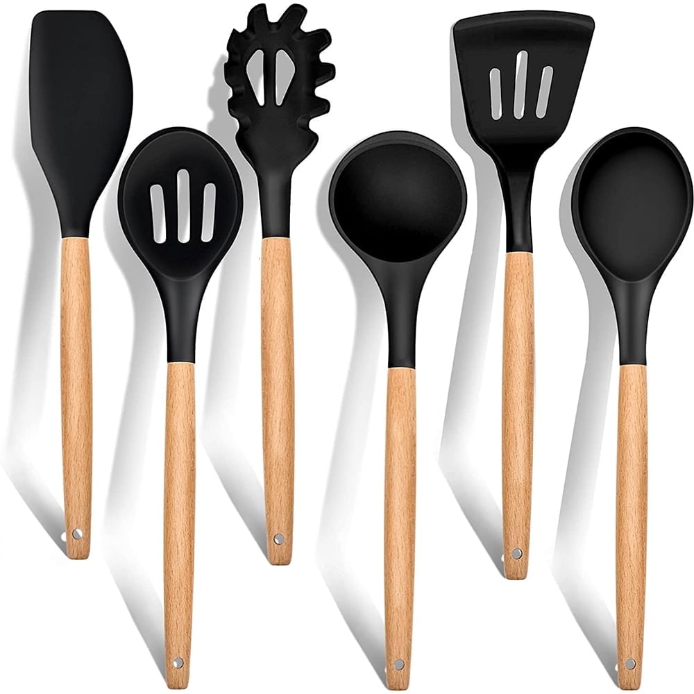 Kitchen Utensils Set of 6, VeSteel Silicone Cooking Utensils with Wooden Handle, Non-Stick Cookware & Heat Resistant, Includes Spatula/Ladle