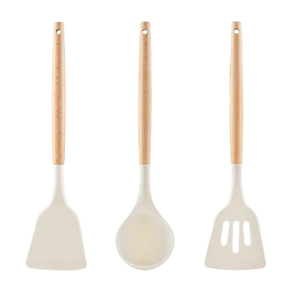 Mouliraty Kitchen Utensils Set Non Stick Silicone Cooking Utensils Set 3 Pcs 12.4 Inch Wooden Handle Heat Resistance ...