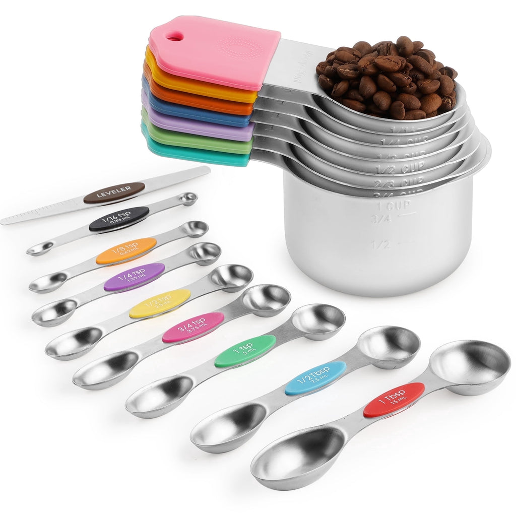 16 Piece Magnetic Measuring Cups and Spoons Set, Stainless Steel Nesting Metal Measuring Cups Set with Leveler for Dr...