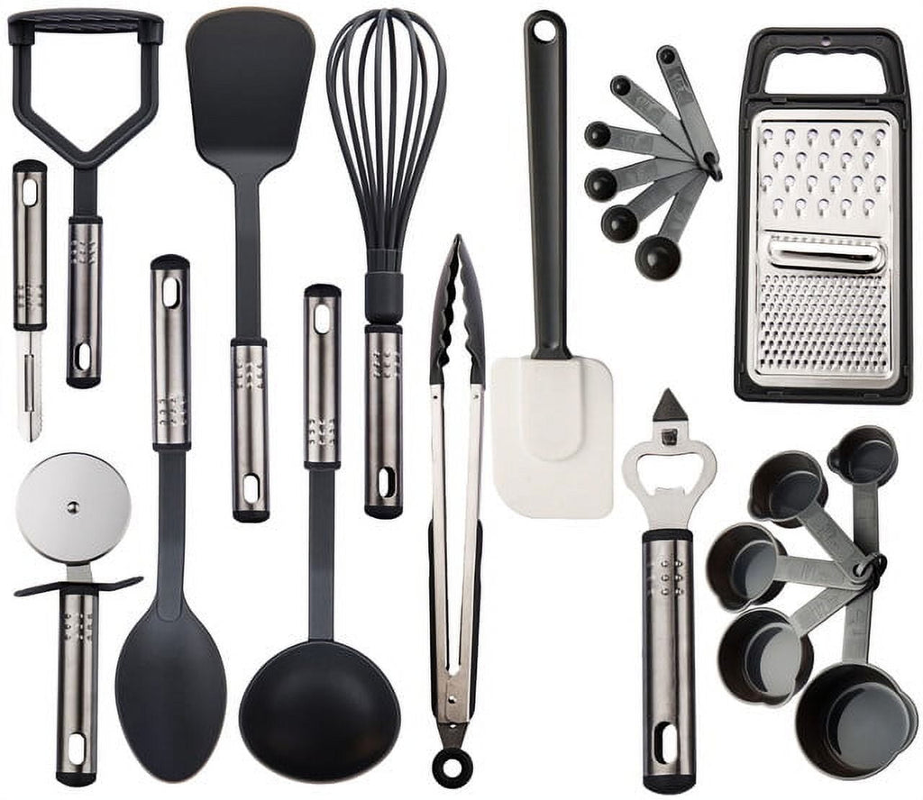 Lux Decor Collection 23 Pieces Cooking Utensils Set, Kitchen Utensils Sets of Nylon and Stainless Steel Utensils Set Pack of 1, Black Utensi
