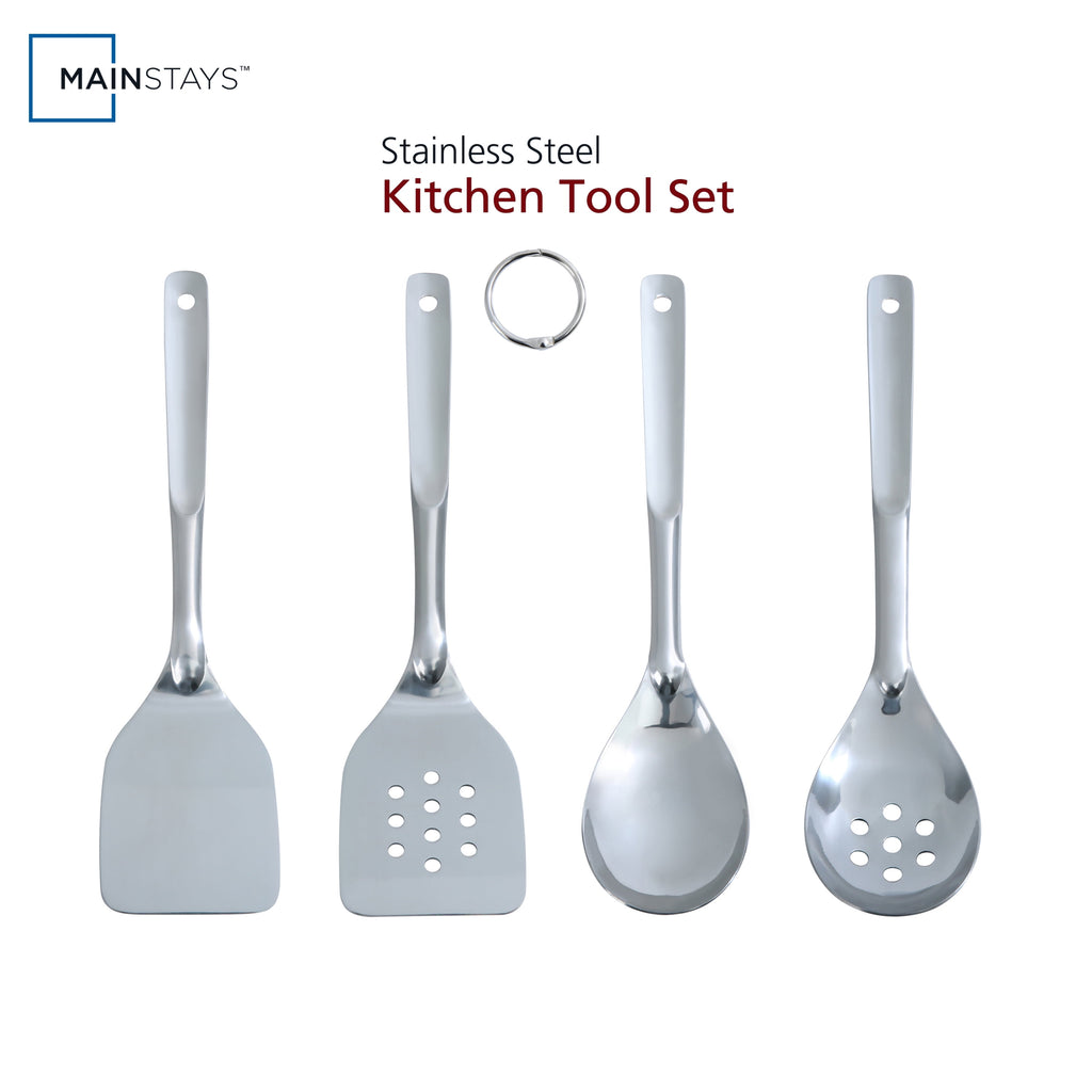 Mainstays Stainless Steel 4-Piece Utensil Set: Includes Slotted Turner, Solid Turner, Spoon, and Slotted Spoon