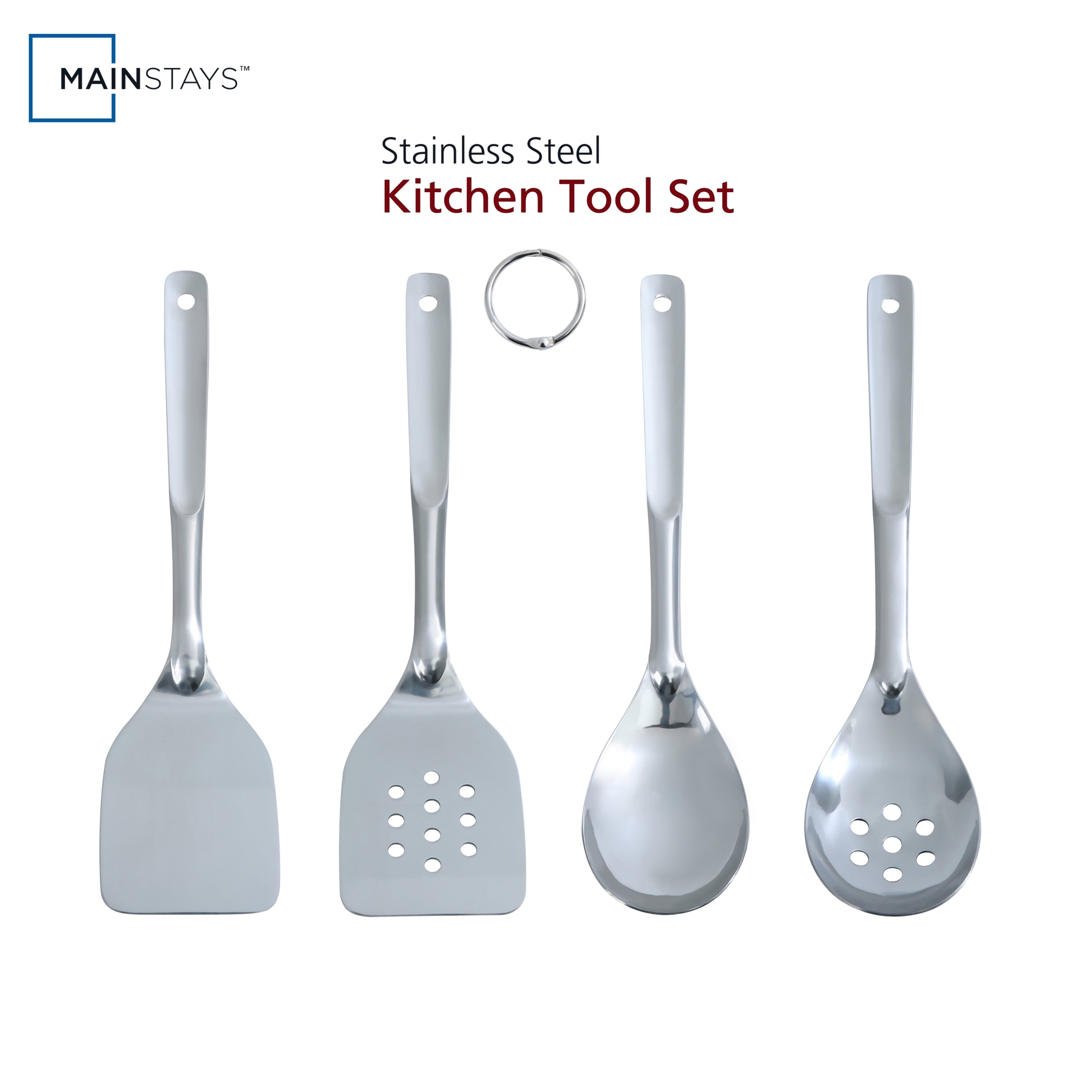 Mainstays Stainless Steel 4-Piece Utensil Set: Includes Slotted Turner, Solid Turner, Spoon, and Slotted Spoon