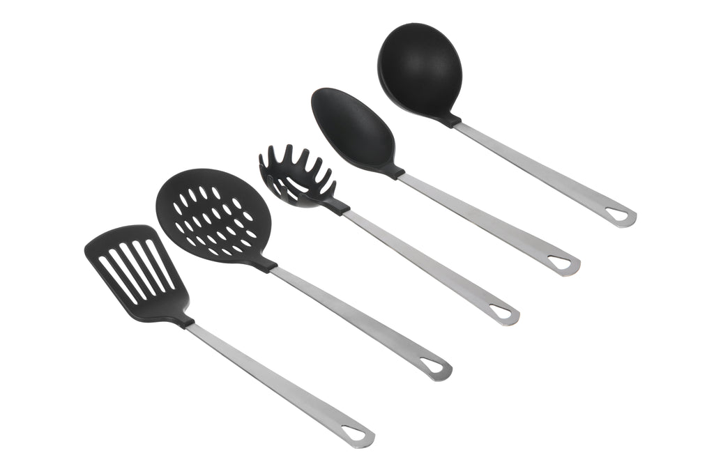 Stainless Steel and Nylon Kitchen and Cooking Utensil Set, Spoon, Spatula, Ladle, Pasta Spoon and Skimmer Assorted Co...