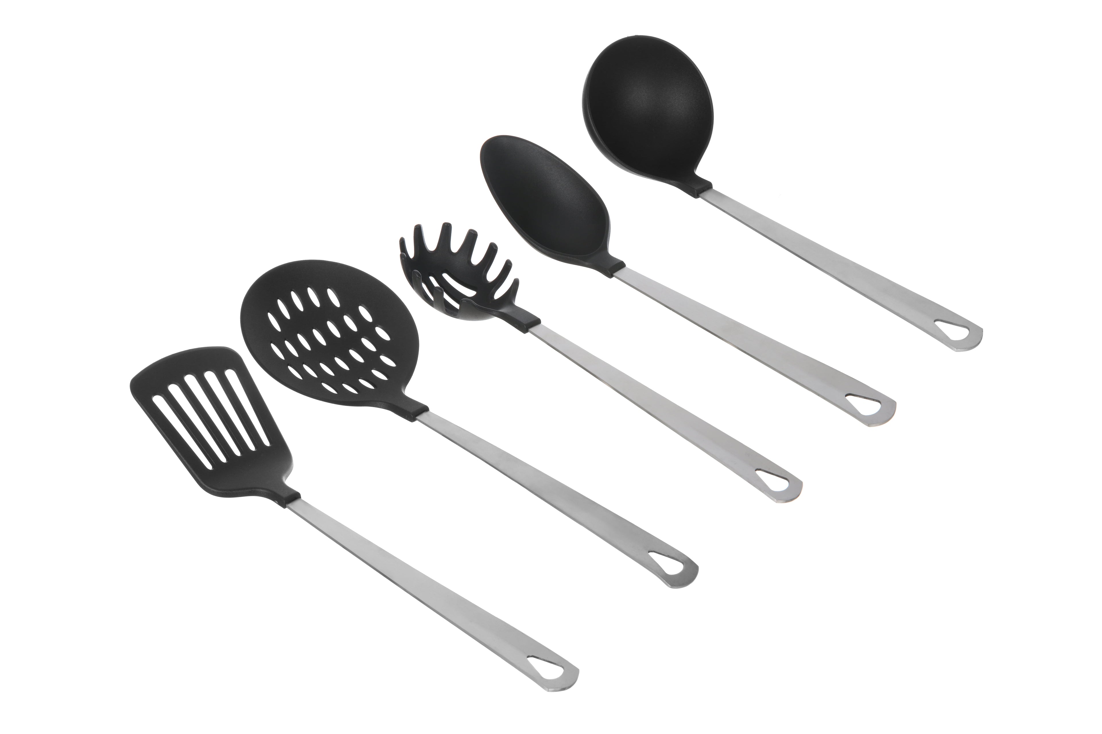 Stainless Steel and Nylon Kitchen and Cooking Utensil Set, Spoon, Spatula, Ladle, Pasta Spoon and Skimmer Assorted Co...