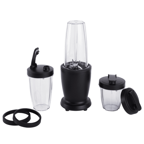 10-Piece Blender Set, Black, 300W, with 3 Jars (10oz, 16oz, 18oz), 2 Drinking Lids, Stainless Steel Blade