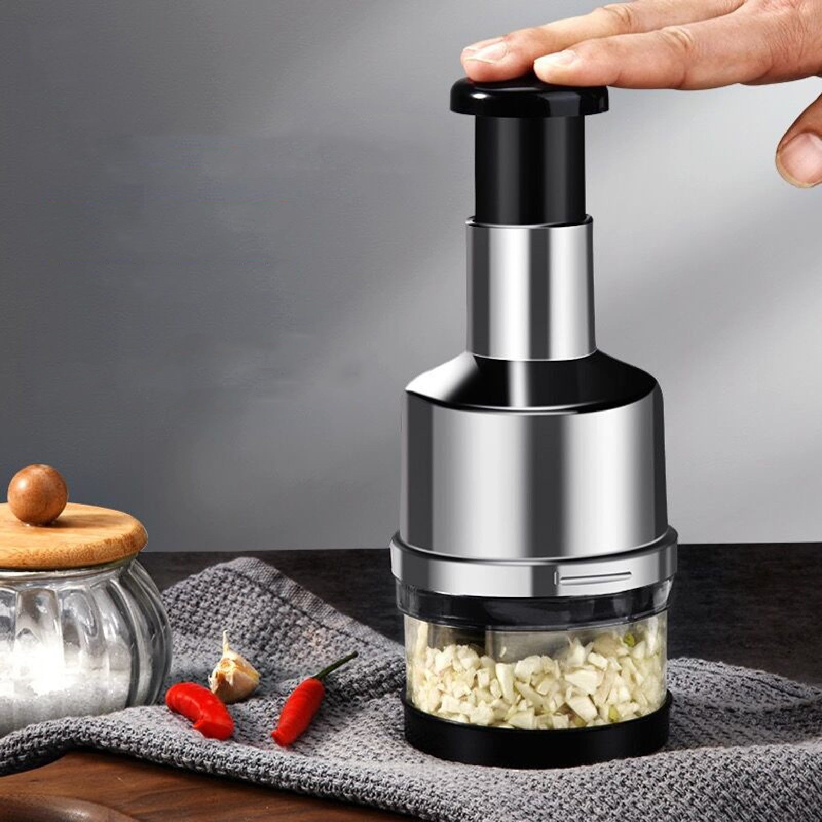 Manual Press Chopper Stainless Steel Garlic Mincer & Onion Slicer Handheld Food Prep Tool for Kitchen, Cooking, RV & ...