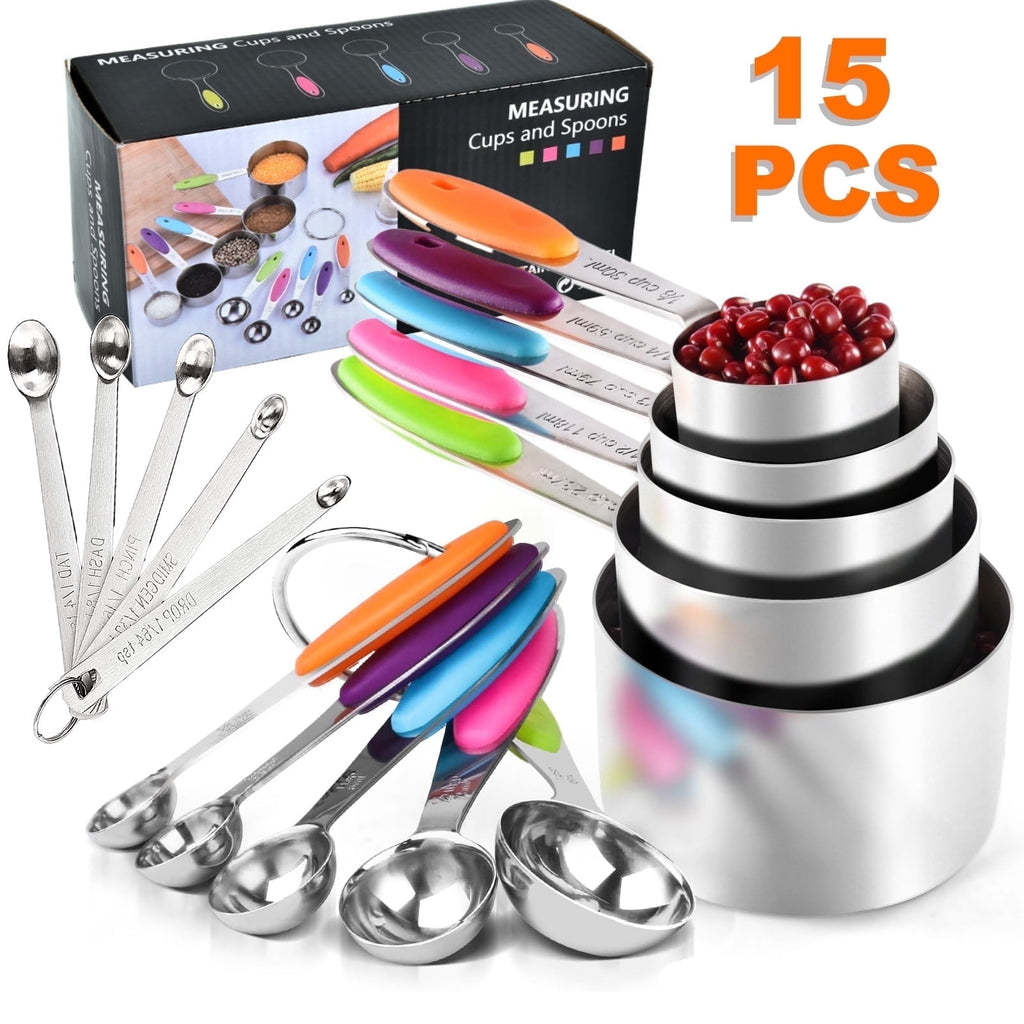 Measuring Cups and Spoons Set of 15, Kitchen Measuring Tool with Colored Silicone Handle, Including 5 Nesting Measuri...