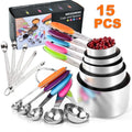 Measuring Cups and Spoons Set of 15, Kitchen Measuring Tool with Colored Silicone Handle, Including 5 Nesting Measuri...