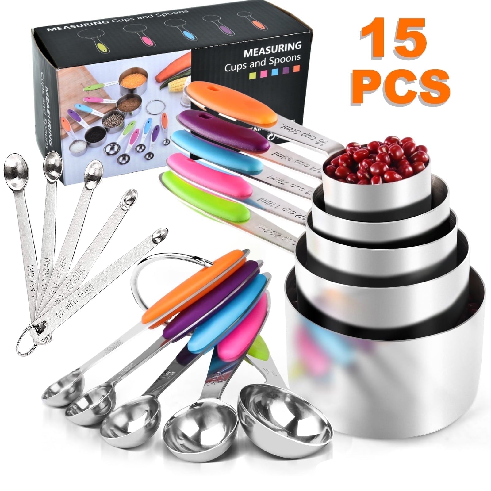 Measuring Cups and Spoons Set of 15, Kitchen Measuring Tool with Colored Silicone Handle, Including 5 Nesting Measuri...