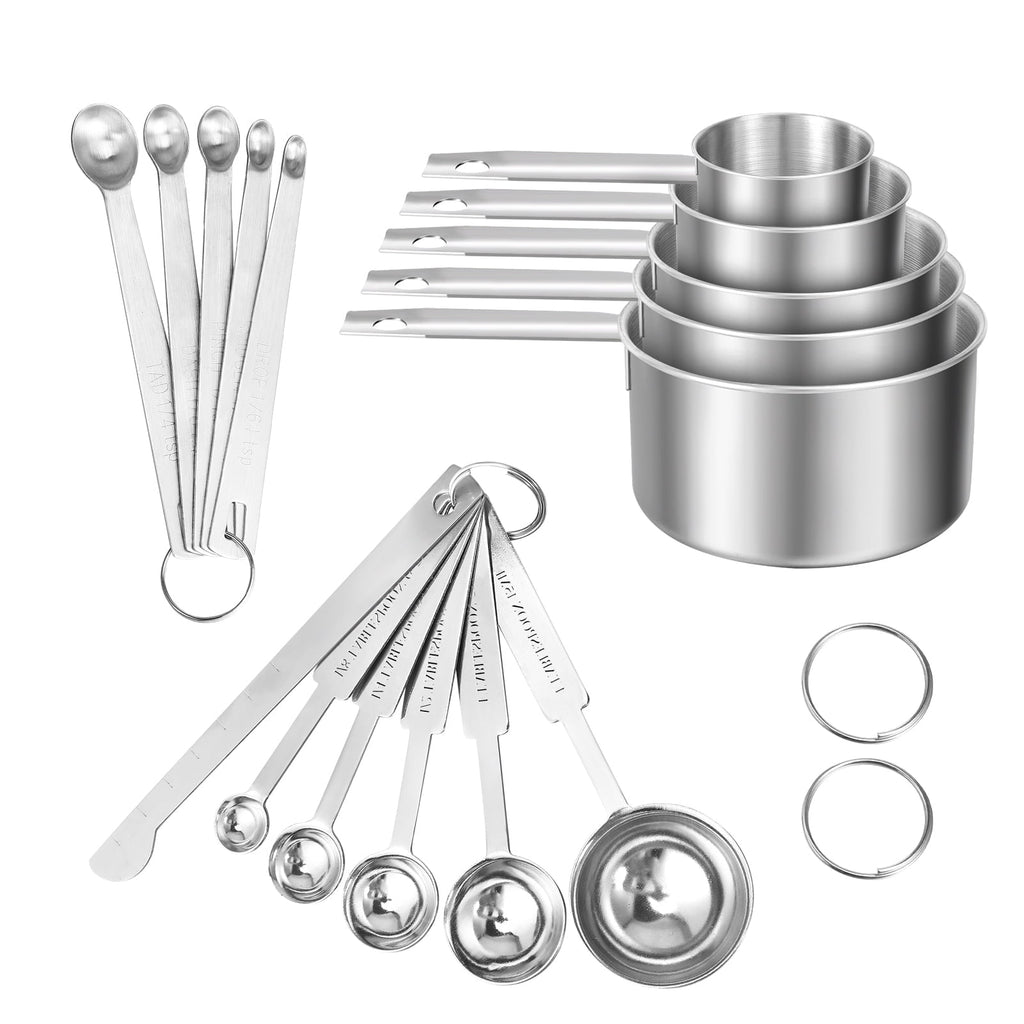 Measuring Cups and Spoons Set of 16, 5 Stainless Steel Nesting Measuring Cups & 5 Spoons, 1 + Leveler & 5 Mini Measuring Spoons for Cooking