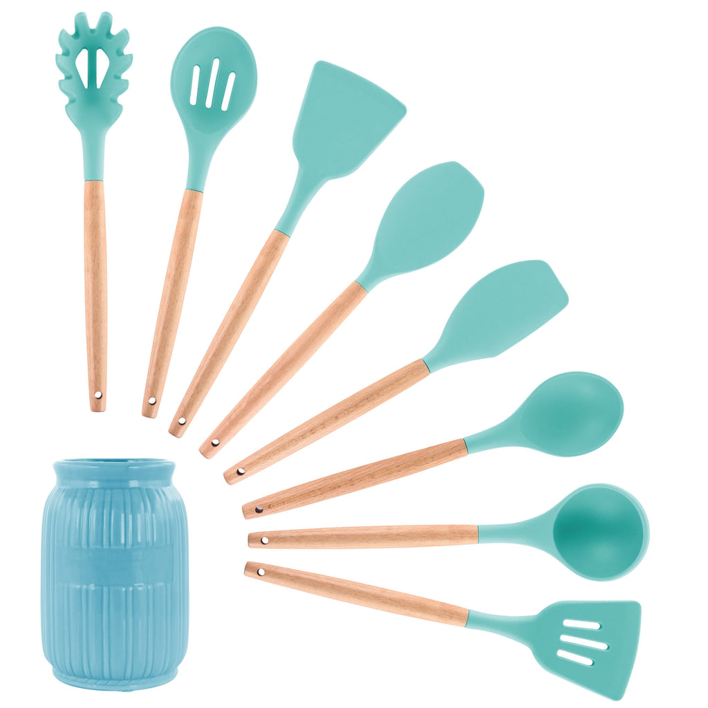 Light Teal 9 Piece Silicone and Wood Cooking Utensils