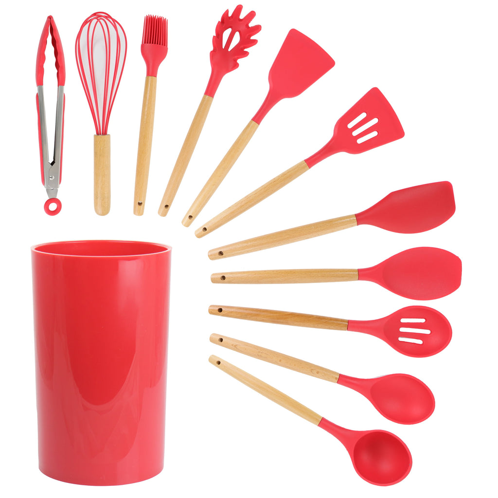 Red 12 Piece Silicone and Wood Cooking Utensils