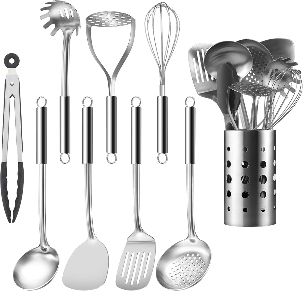 Cooking Utensils Set, 9 Pcs Stainless Steel Kitchen Utensils Set, Kitchen Tools Set, Spatula Sets w Utensil Holder, W...