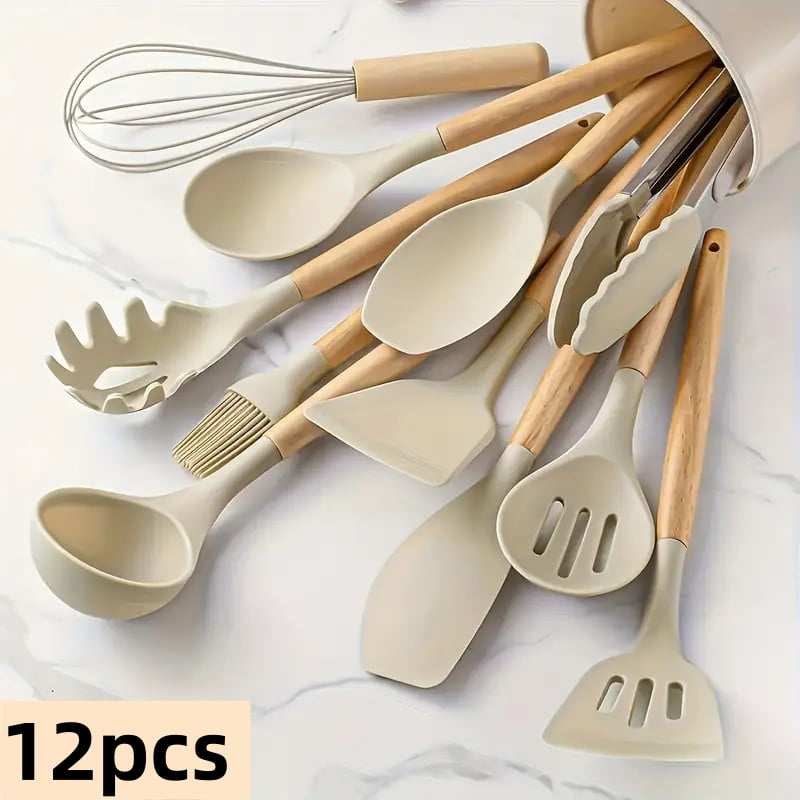 12-piece luxury silicone kitchen cooking utensils set with wooden handle, egg beater, brush pliers, heat-resistant an...
