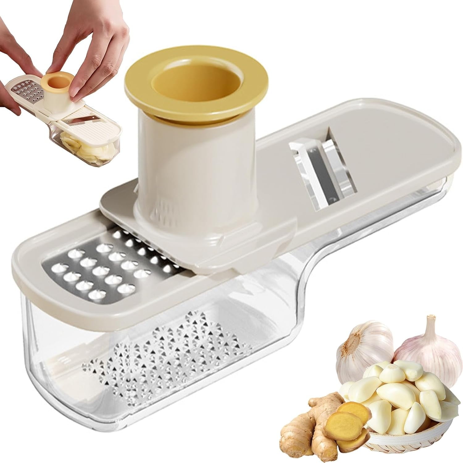 Multifunctional Garlic Grinder & Mandoline Slicer, 3-in-1 Kitchen Tool for Slicing, Grinding and Shredding with Hand ...