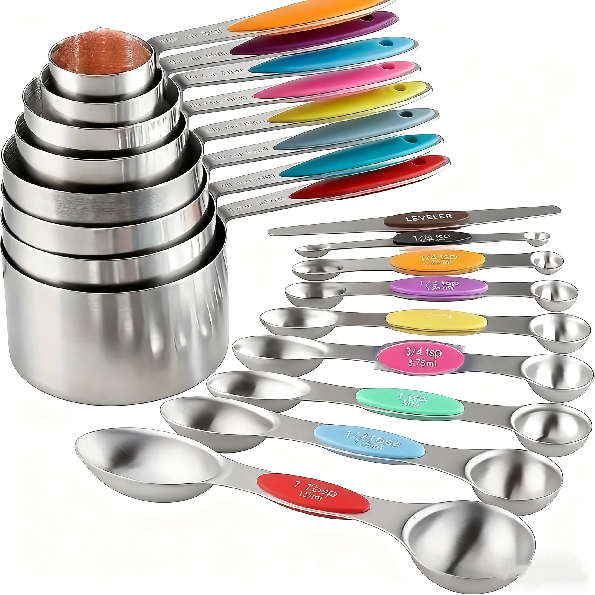 NEWJOEY 17-Piece Magnetic Stainless Steel Measuring Cups and Spoons Set with Silicone Handles, Dishwasher Safe Kitchen Measuring Tools for C