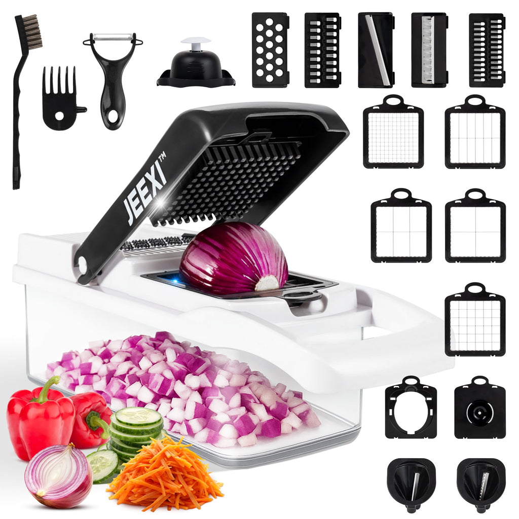 JEEXI Pro Vegetable Chopper, Multi-functional Onion Chopper, Veggie Chopper w/ Stainless Steel Blades, Vegetable Slicer w/ Container, Mandol