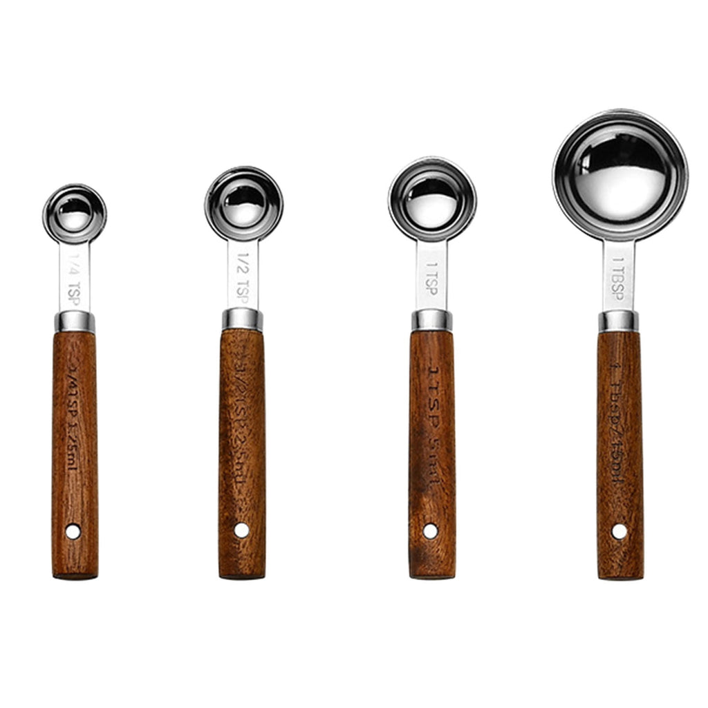 Professional Measuring Spoons Set - Stainless Steel with Wood Handles - Accurate US Measurement Markings for Baking, Cooking - Kitchen Tools