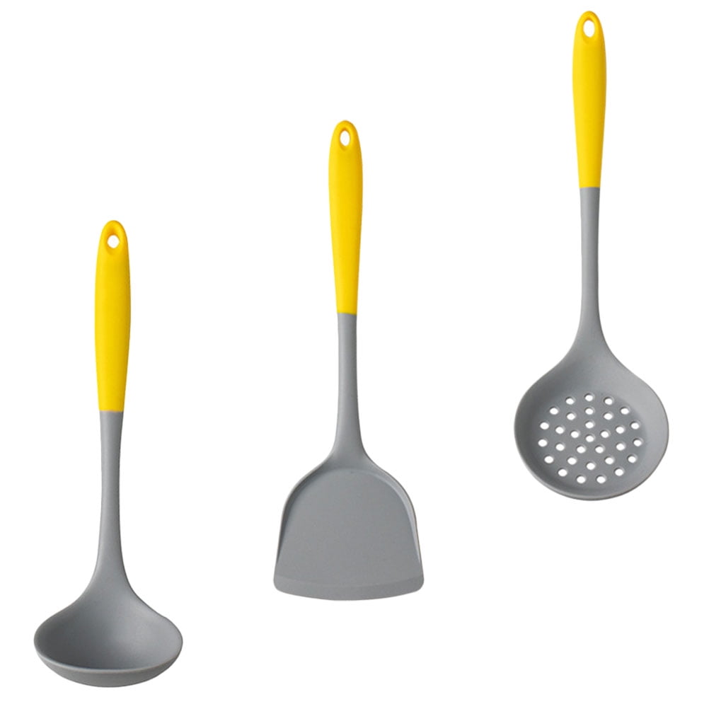 Raindrops Wok Utensils 1 Set Stainless Steel Handle Silicone Cooking Utensils for Kitchen Tools Yellow Grey 33x10cm