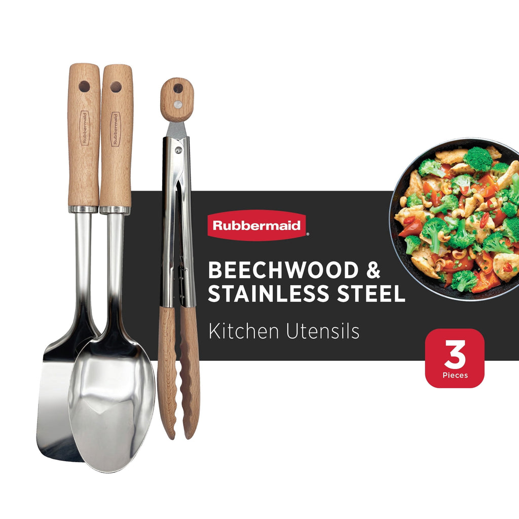 3 Pc Kitchen Utensil Set Durable Stainless Steel Cooking Utensils with Rubberwood Handles | Solid Spoon, Turner Spatu...