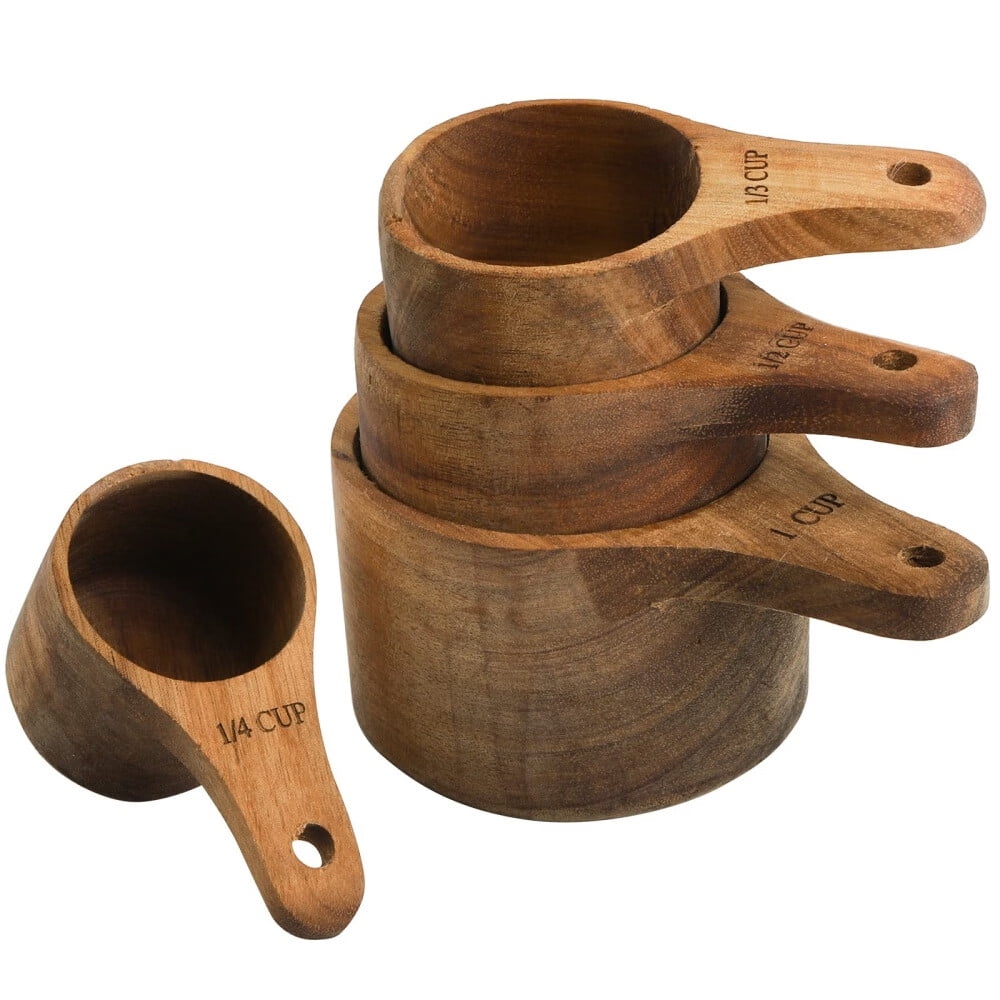 Set of 4 Acacia Wood Measuring Cups,Stackable Kitchen Measure Tool with Handle,Baking and Cooking Measuring Set,Handc...