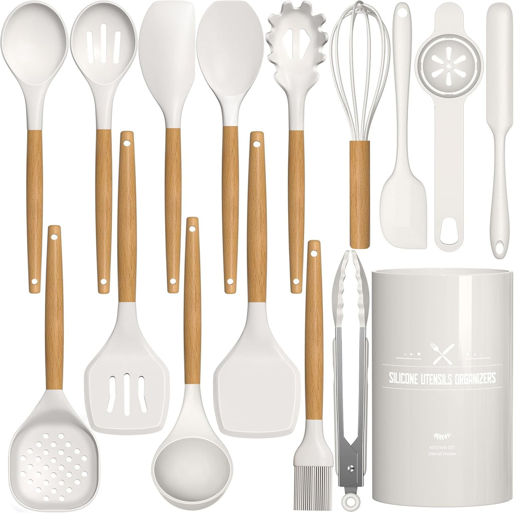 Silicone Cooking Kitchen Utensils Set, 16 Pcs Cooking Utensils Set with Holder, Heat Resistance, White Wooden Handle ...