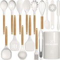 Silicone Cooking Kitchen Utensils Set, 16 Pcs Cooking Utensils Set with Holder, Heat Resistance, White Wooden Handle ...