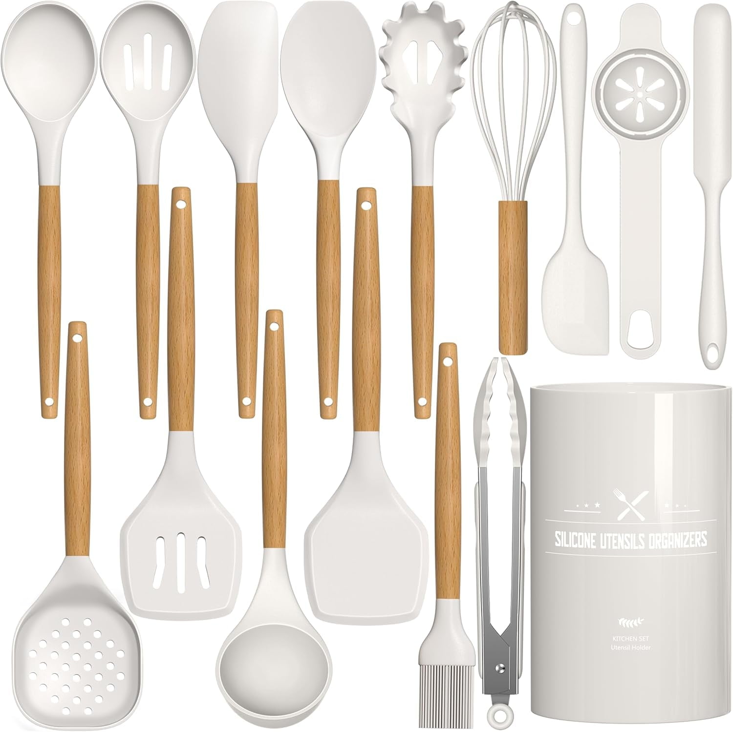 Silicone Cooking Kitchen Utensils Set, 16 Pcs Cooking Utensils Set with Holder, Heat Resistance, White Wooden Handle ...
