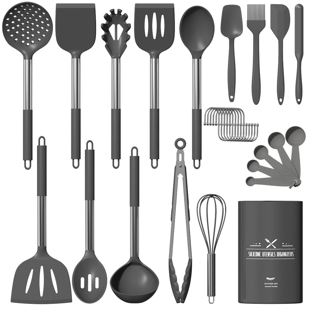 GPED Silicone Cooking Utensil Set, 30 Pcs Kitchen Utensils Set with Stainless Steel Handle, Food Grade Silicone Spatula Set, BPA-Free, Non-s