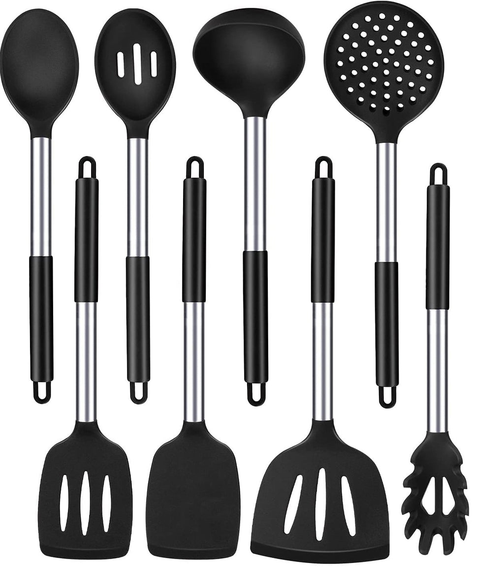 Silicone Cooking Utensil Set, 8Pcs Non-stick Cookware with Stainless Steel Handle, BPA Free Heat Resistant Kitchen To...