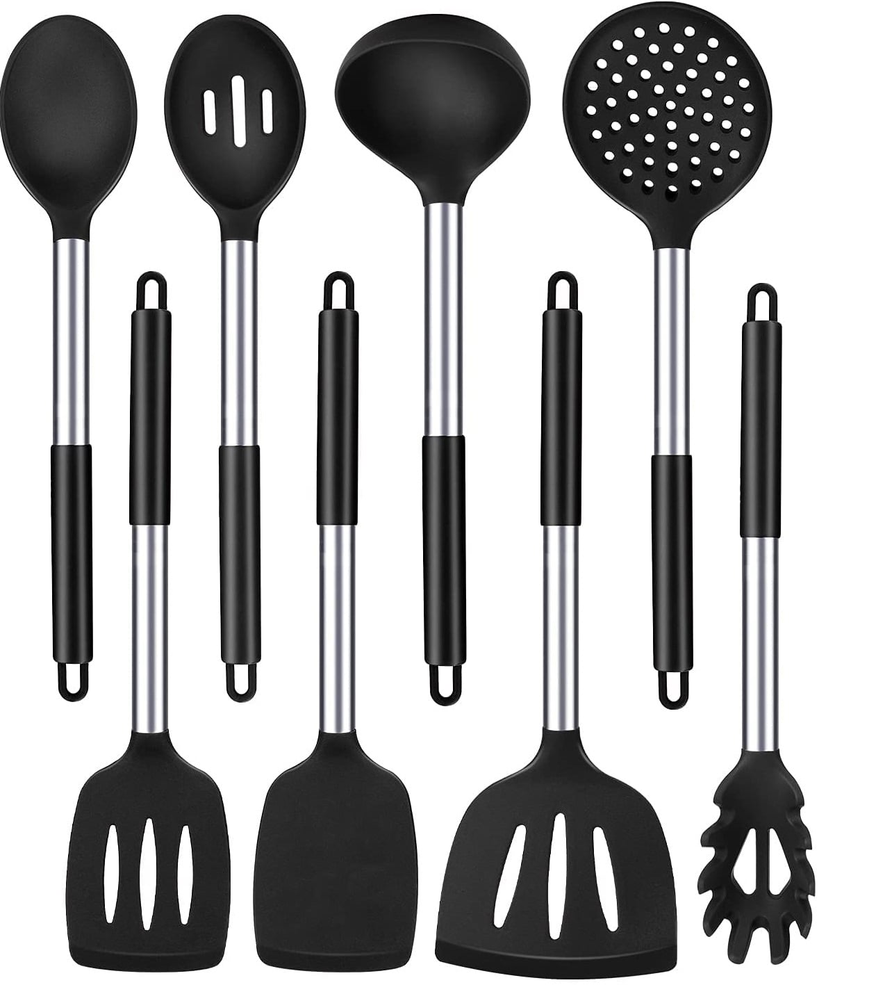Silicone Cooking Utensil Set, 8Pcs Non-stick Cookware with Stainless Steel Handle, BPA Free Heat Resistant Kitchen To...