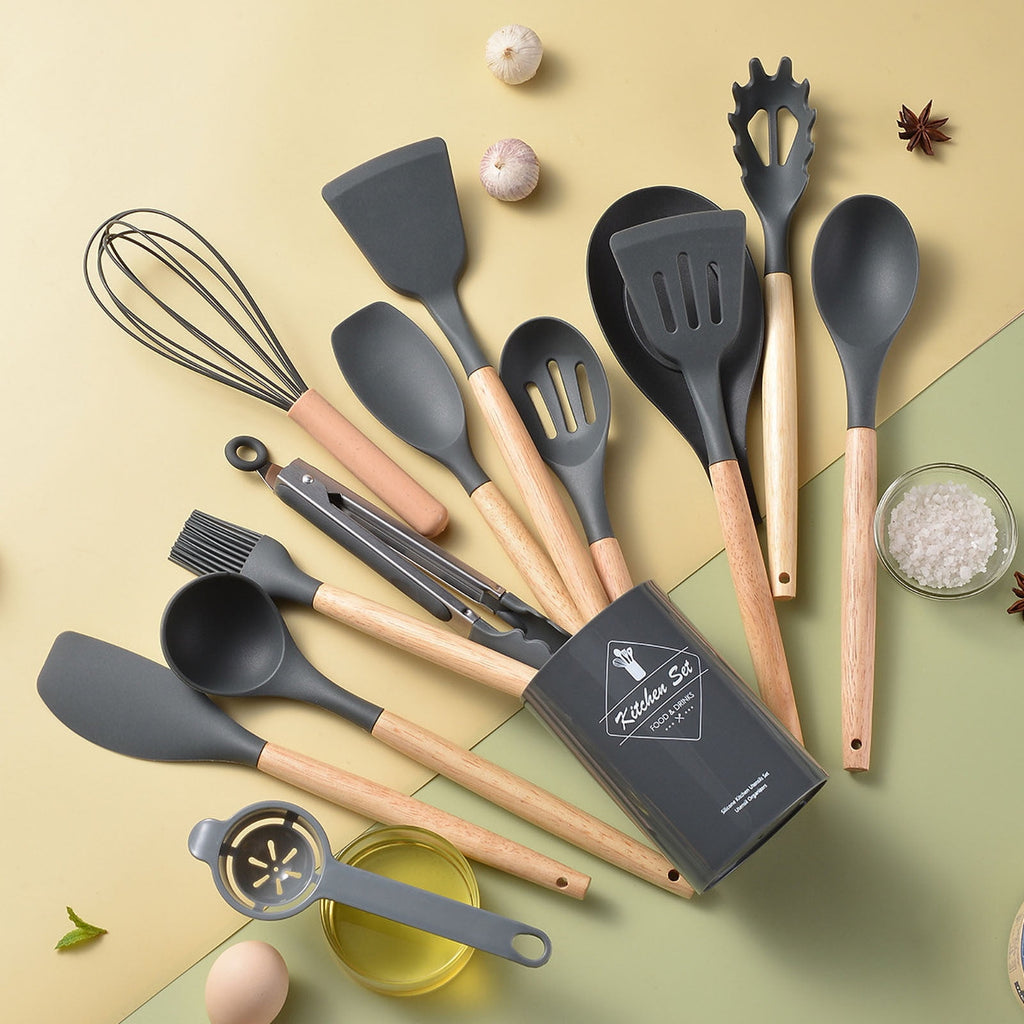 Silicone Cooking Utensils Set 14 Piece Wooden Handle Non-Stick Kitchen Gadgets