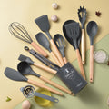 Silicone Cooking Utensils Set 14 Piece Wooden Handle Non-Stick Kitchen Gadgets