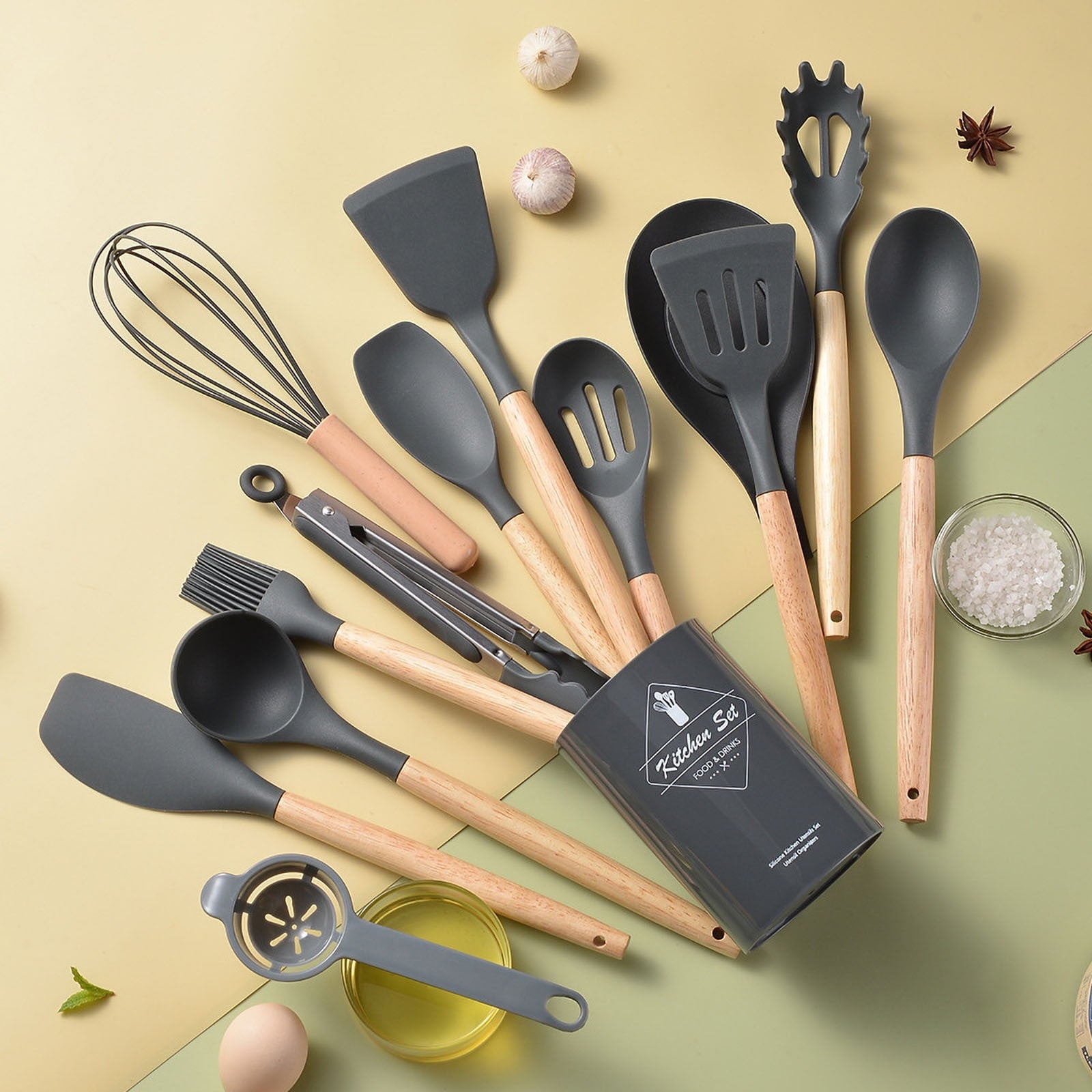 Silicone Cooking Utensils Set 14 Piece Wooden Handle Non-Stick Kitchen Gadgets