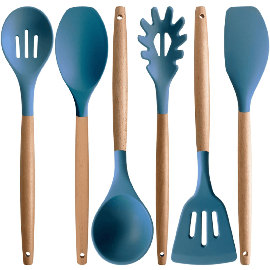 Silicone Cooking Utensils Set 6Pcs Heat Resistant Silicone Kitchen Utensils Set for Cooking Spatula Spoon Turner Ladle w Wooden Handle, BPA