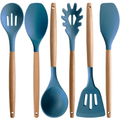 Silicone Cooking Utensils Set 6Pcs Heat Resistant Silicone Kitchen Utensils Set for Cooking Spatula Spoon Turner Ladle w Wooden Handle, BPA