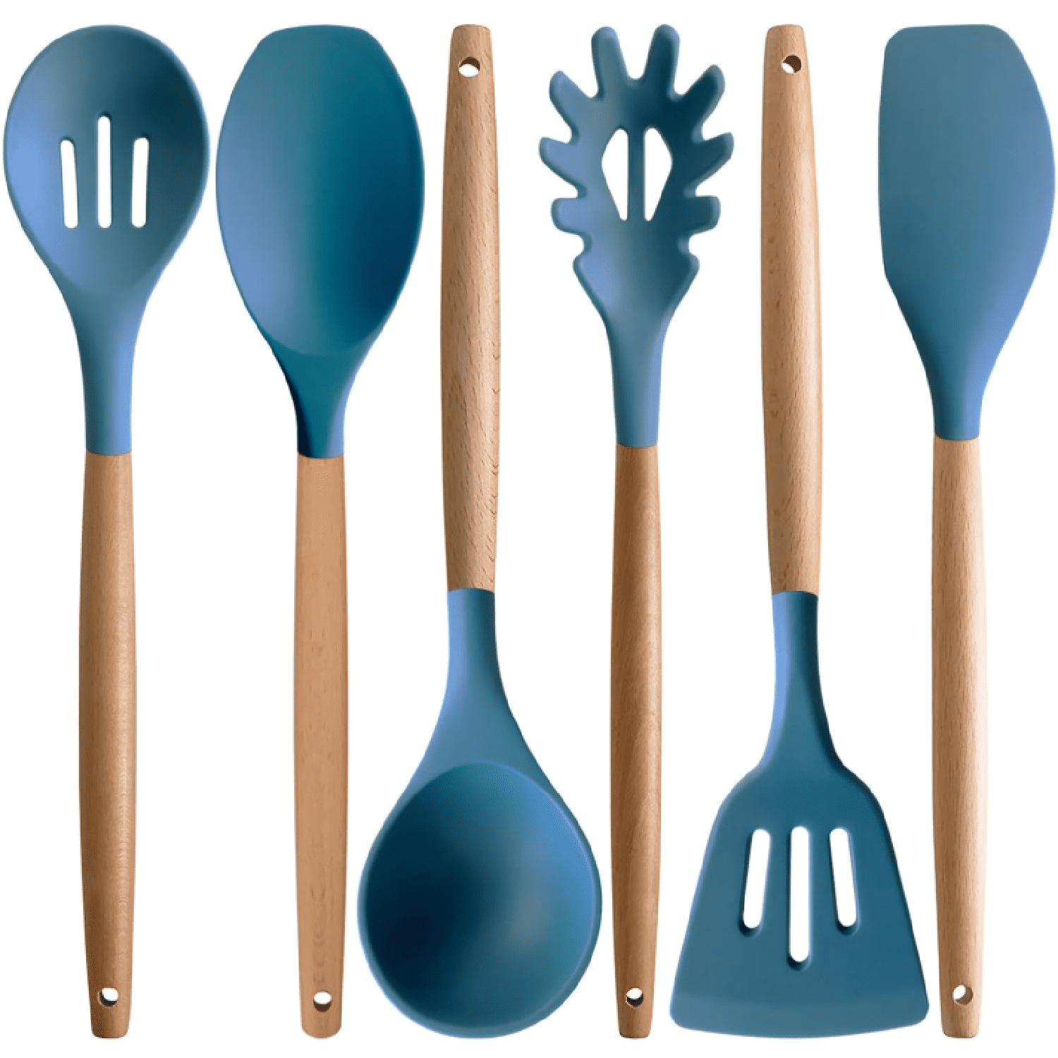 Silicone Cooking Utensils Set 6Pcs Heat Resistant Silicone Kitchen Utensils Set for Cooking Spatula Spoon Turner Ladle w Wooden Handle, BPA