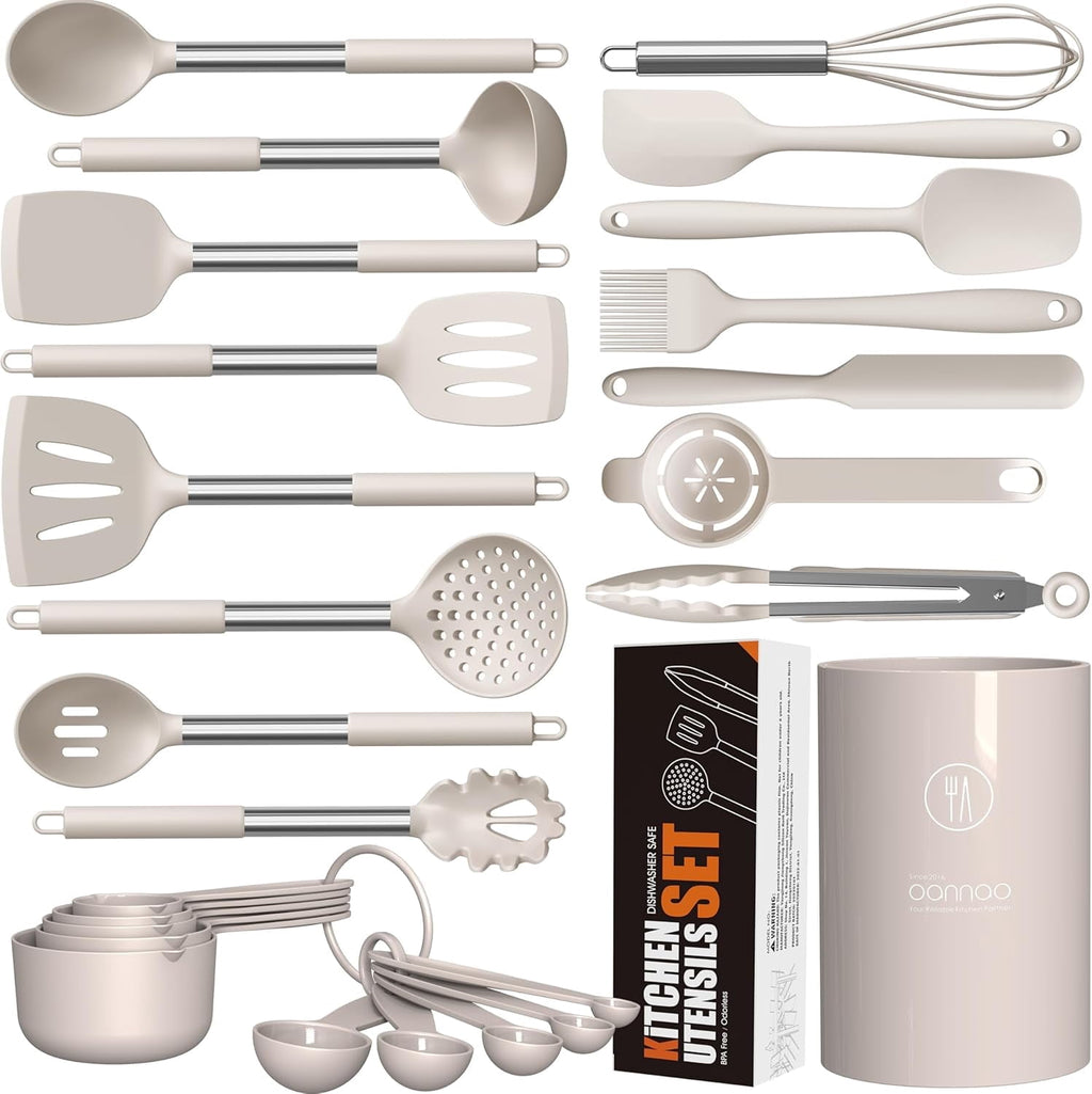 Large Silicone Cooking Utensils Set - Heat Resistant Kitchen Utensils,Turner Tongs,Spatula,Spoon,Brush,Whisk,Stainless Steel Silicone Cookin