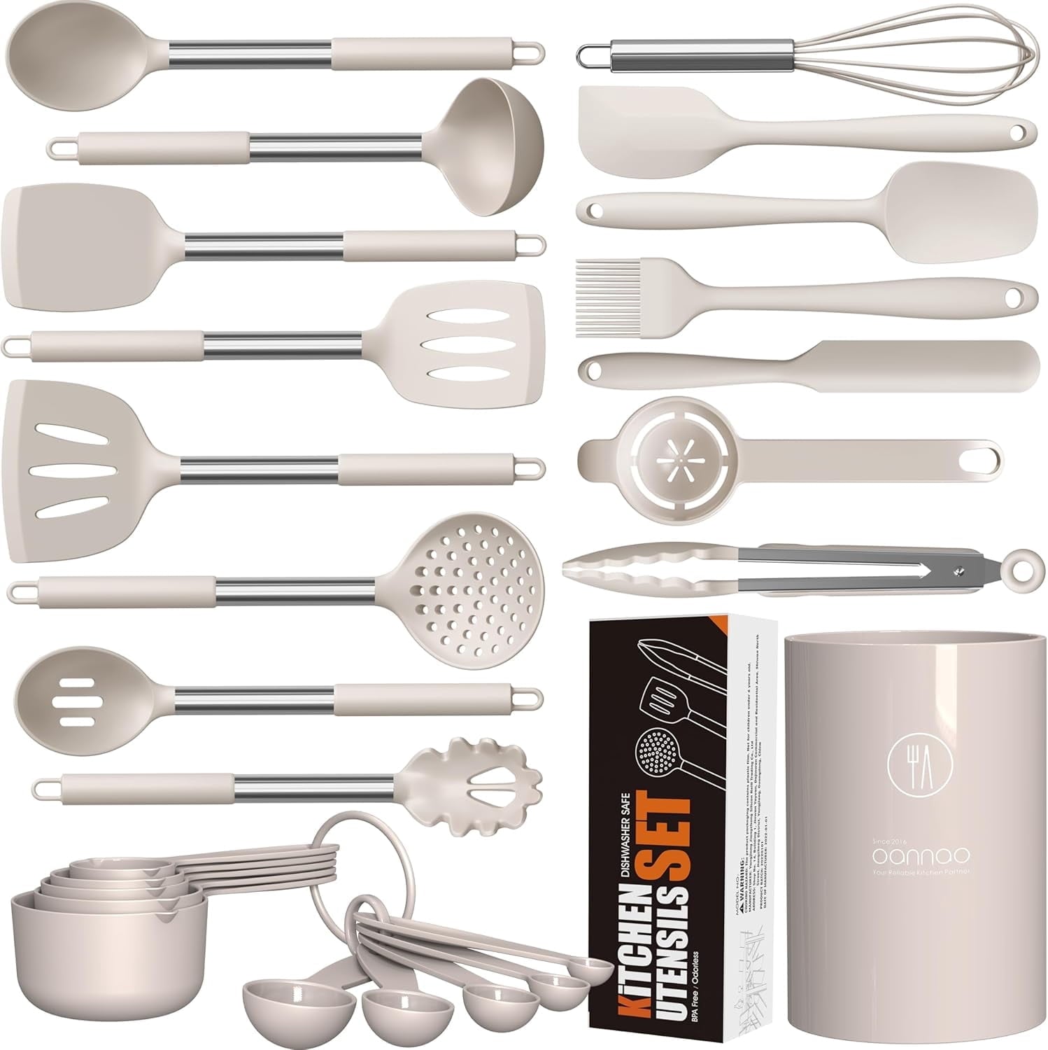 Large Silicone Cooking Utensils Set - Heat Resistant Kitchen Utensils,Turner Tongs,Spatula,Spoon,Brush,Whisk,Stainless Steel Silicone Cookin