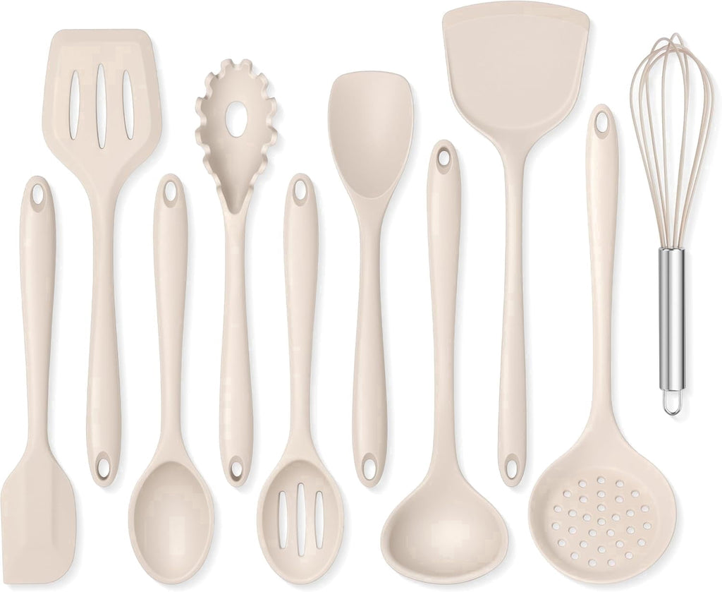 Silicone Cooking Utensils Set of 10, Kitchen Utensils for Nonstick Cookware, Heat Resistant & Nontoxic Spatula Set - Khaki.