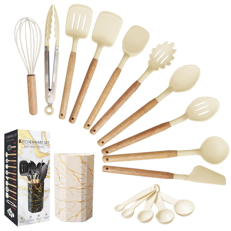 Silicone Cooking Utensils Sets with Utensils Holder 12-Piece Wooden Handle Kitchen Utensil Set 600F Heat Resistant No...
