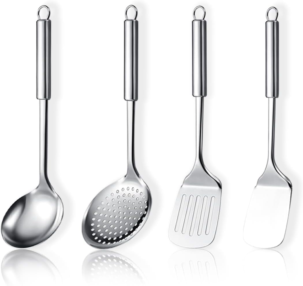 Stainless Steel Cooking Utensils Set 4 Pieces, Kitchen Tools Set Include Metal Spatula Set, Kitchen Skimmer, Soup Lad...