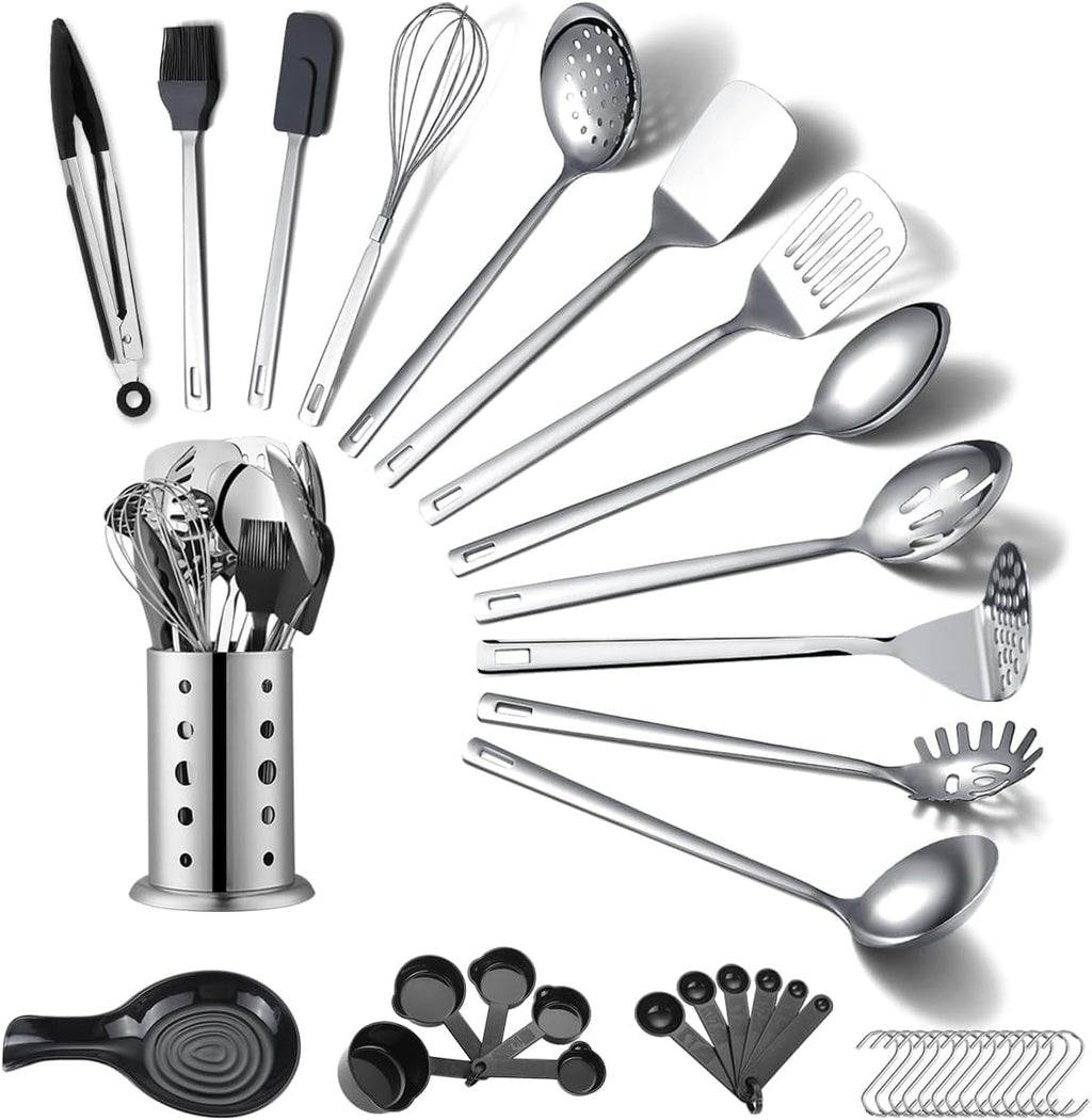 Stainless Steel Kitchen Utensils Set 40 Pieces, Cooking Utensil Set with Utensils Holder, Kitchen Gadgets Kitchen Ess...