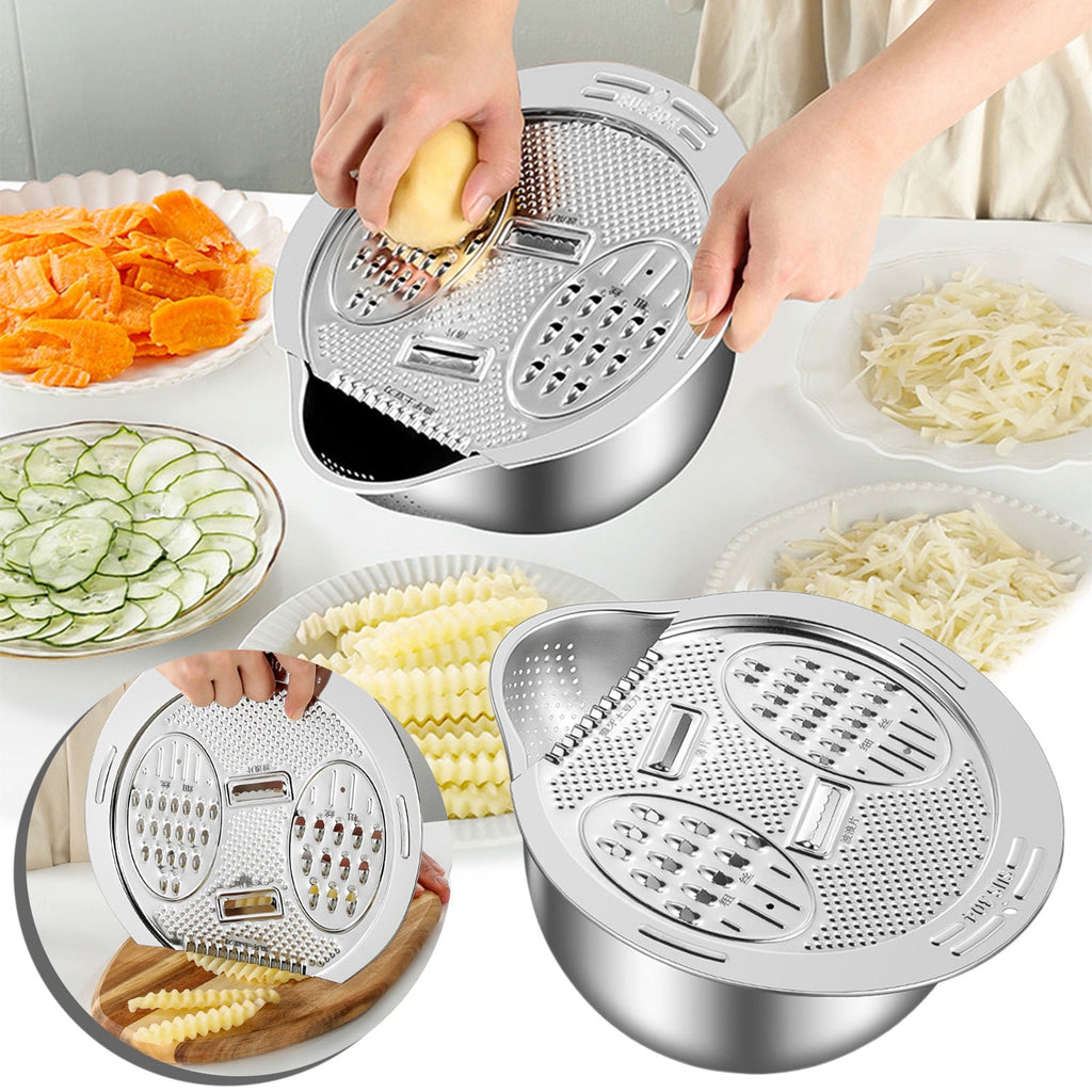 Stainless Steel Salad Chopper & Colander Set, Multi-Blade Mandoline Slicer Grater with Drain Basket & Mixing Bowl, Al...