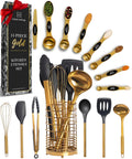 Black and Gold Kitchen Utensils Set - 15 Piece Set Includes Gold and Black Silicone Cooking Utensils with Gold Utensi...