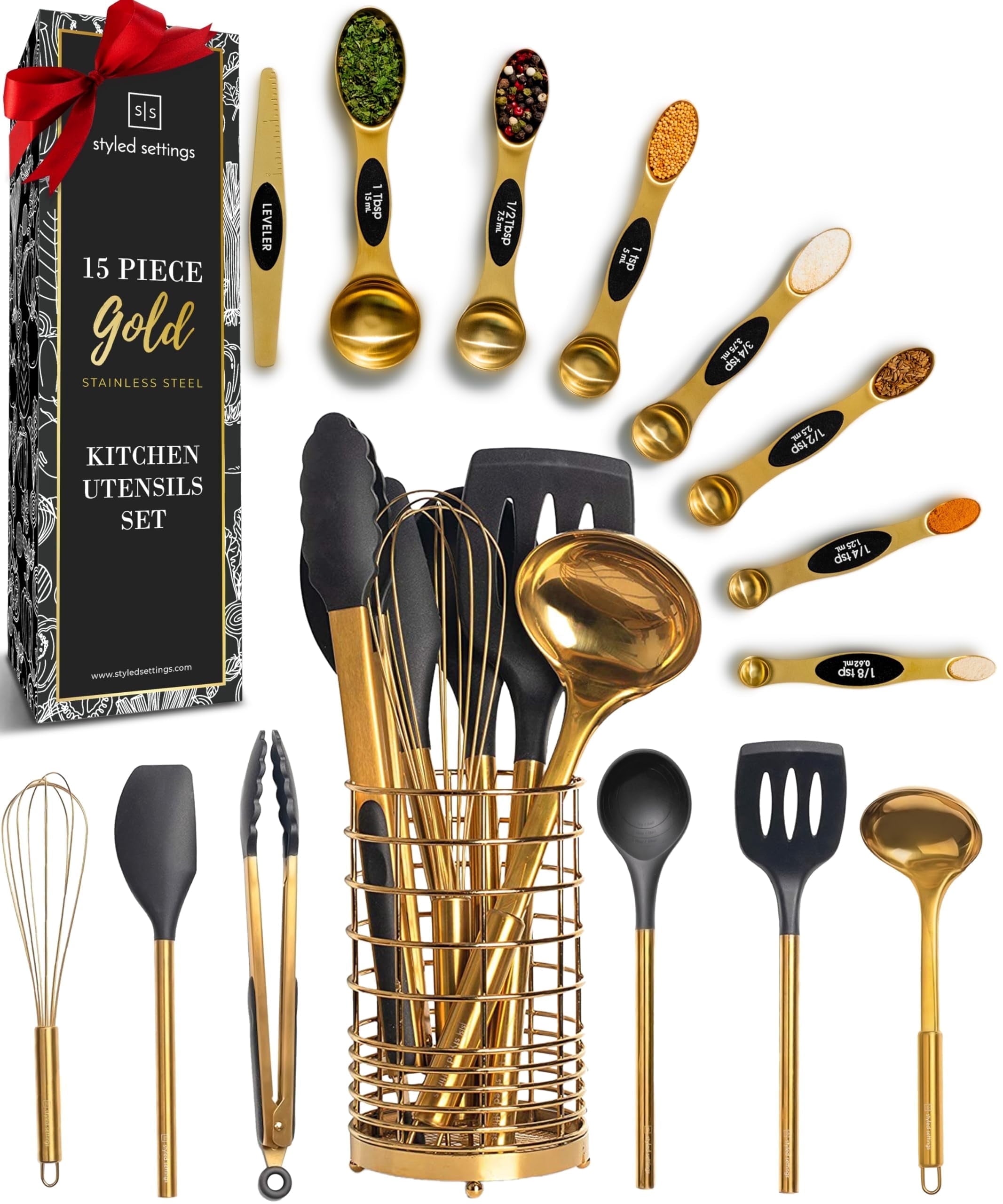 Black and Gold Kitchen Utensils Set - 15 Piece Set Includes Gold and Black Silicone Cooking Utensils with Gold Utensi...